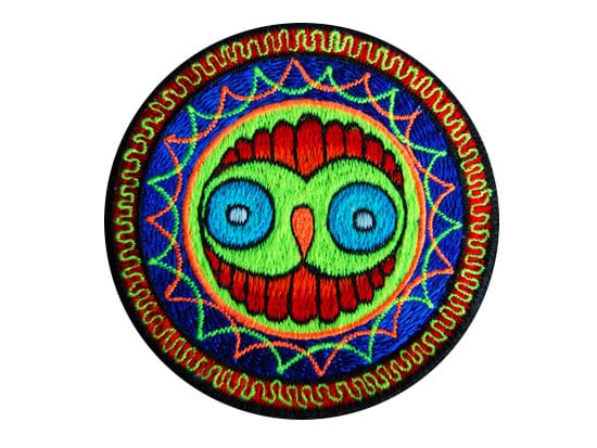 wise owl crop circle patch - alien art - blacklight - fractal flower - mystery UV glowing extraterrestrial mystery embroidery