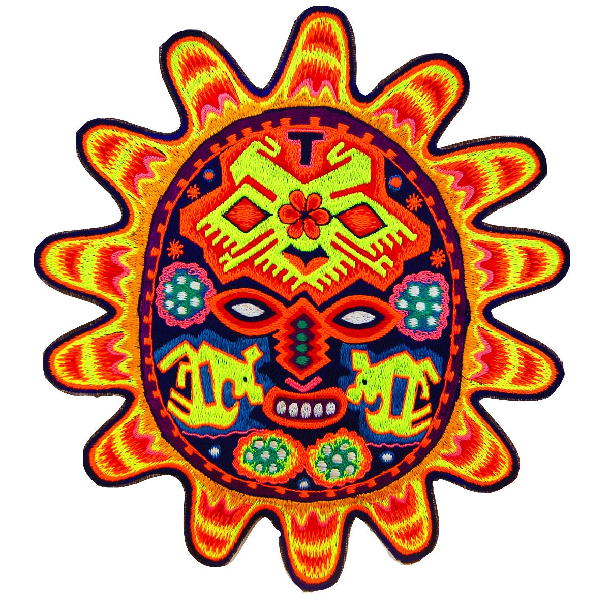 Huichol Sun Mask T-Shirt tribal shaman design blacklight handmade embroidery no print