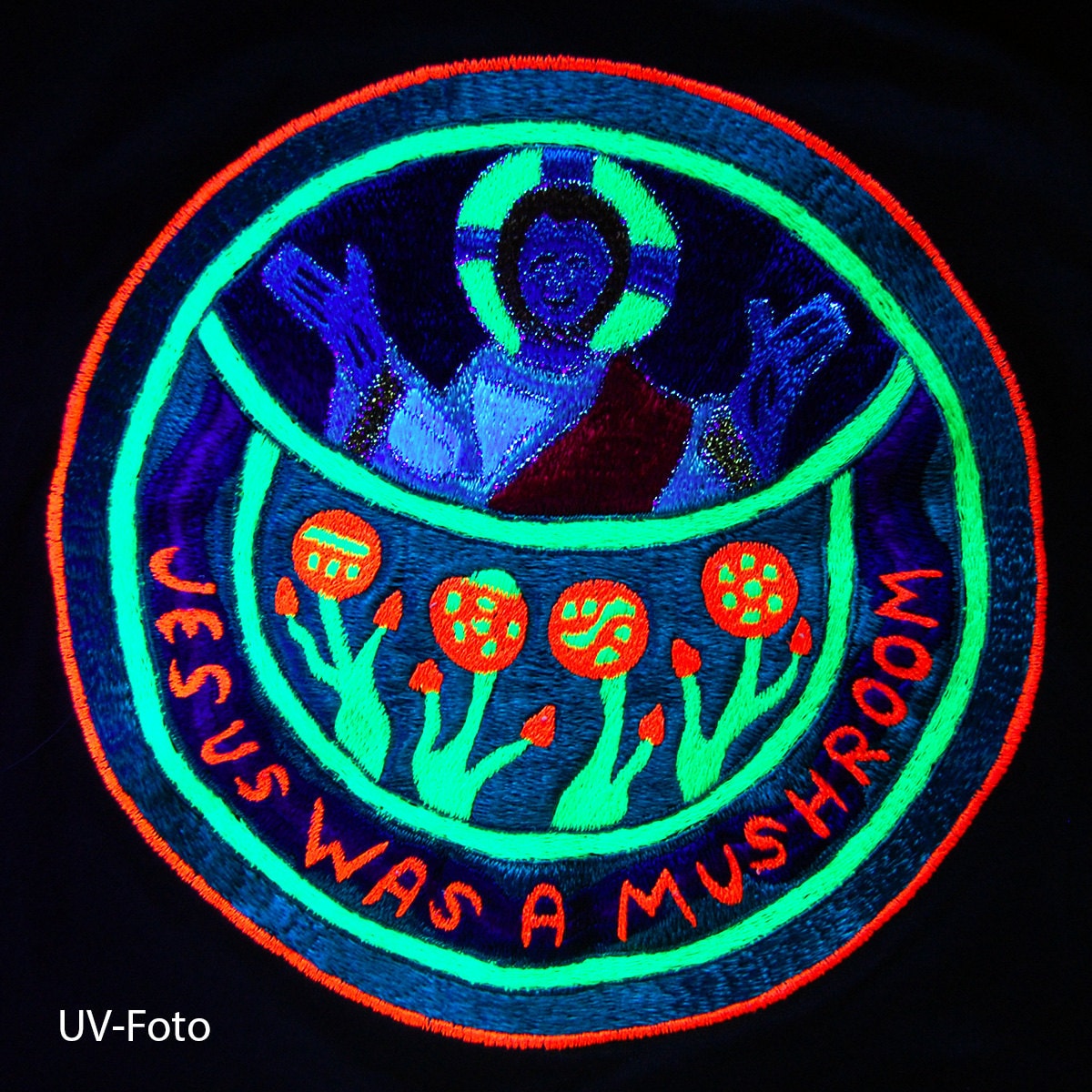 Jesus was a Mushroom T-Shirt blacklight handmade embroidery no print goa t-shirt