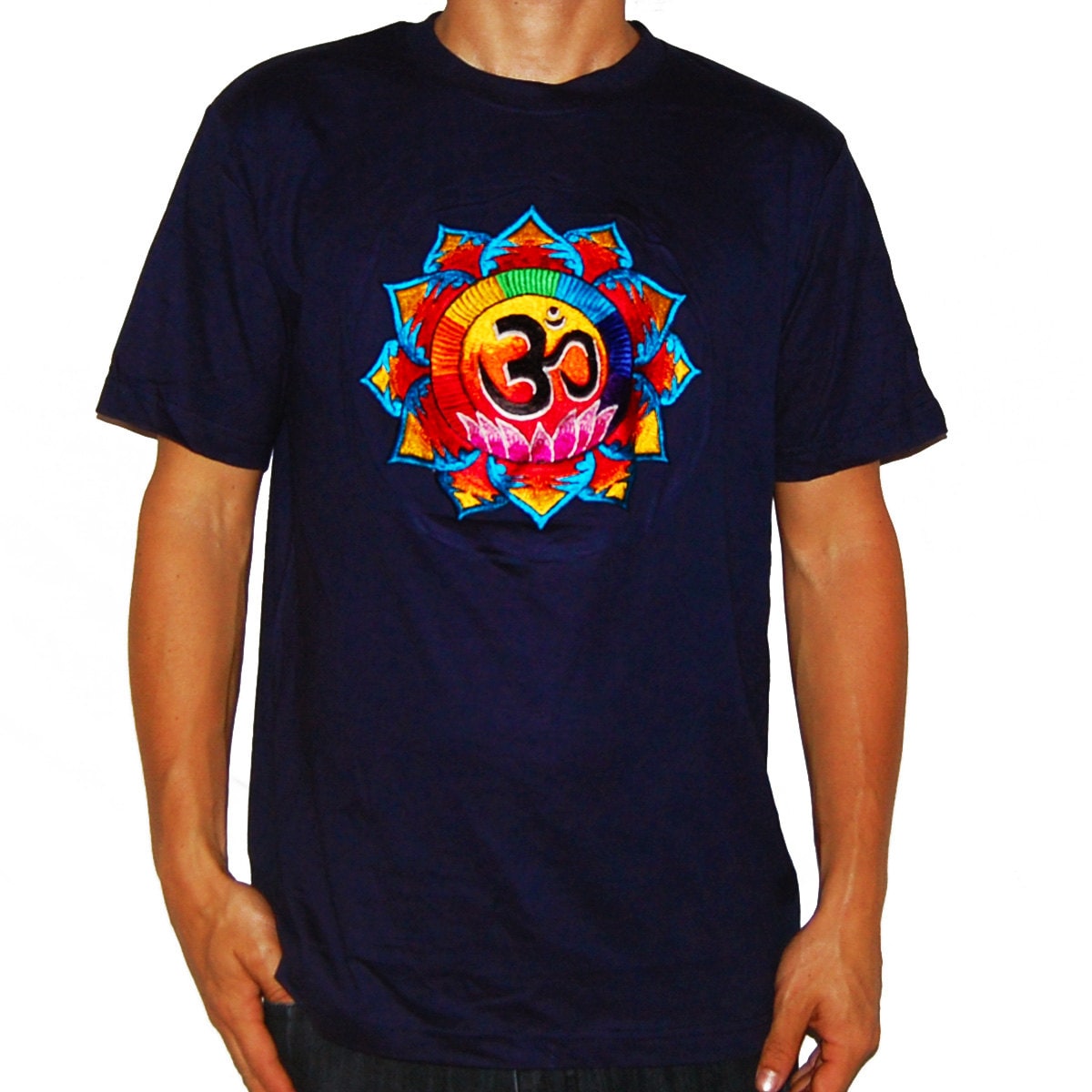 Aum Lotus T-Shirt blacklight aum buddhism rainbow embroidery no print goa t-shirt