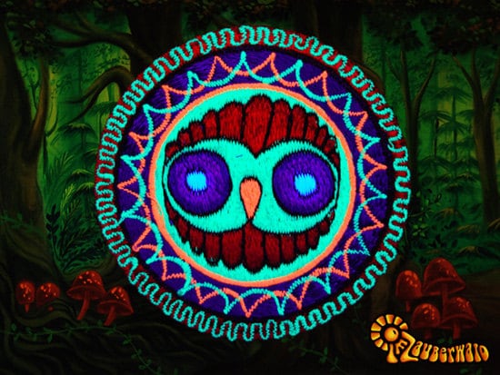 wise owl crop circle patch - alien art - blacklight - fractal flower - mystery UV glowing extraterrestrial mystery embroidery