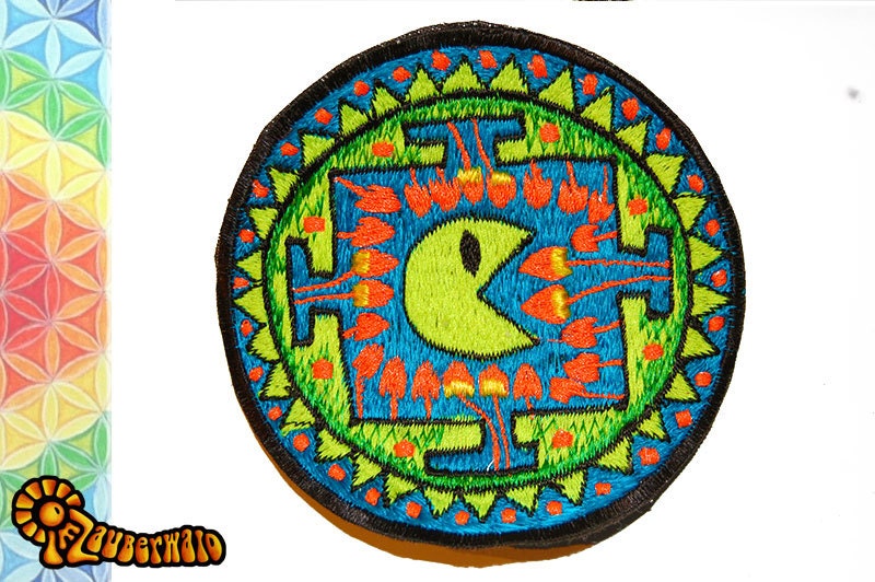 mushroom pac man cubensis patch small size psilocybin eater cult design