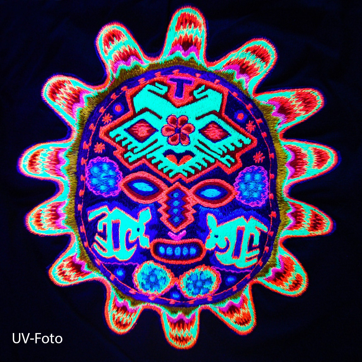 Huichol Sun Mask T-Shirt tribal shaman design blacklight handmade embroidery no print