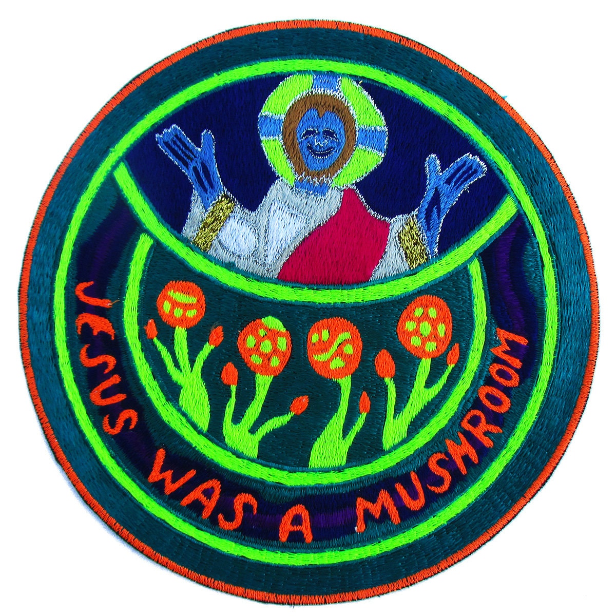 Jesus was a Mushroom T-Shirt blacklight handmade embroidery no print goa t-shirt