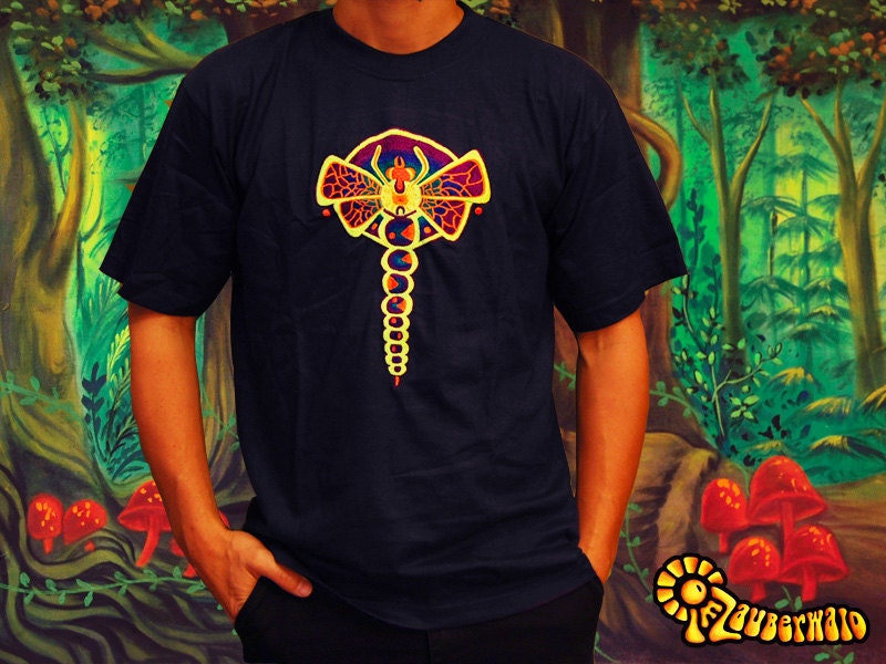 Dragonfly crop circle T-Shirt rainbow mandala blacklight handmade embroidery no print psy t-shirt