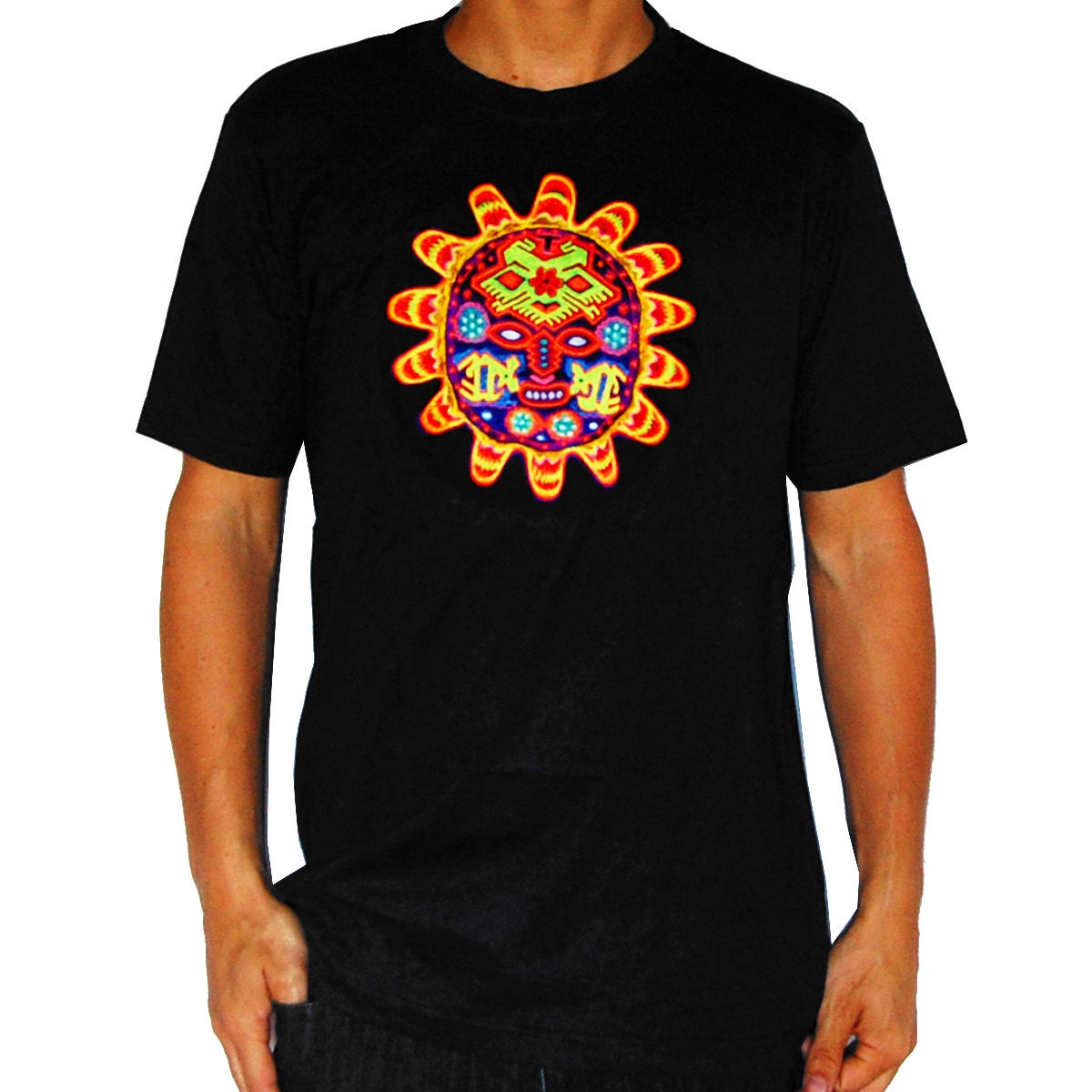Huichol Sun Mask T-Shirt tribal shaman design blacklight handmade embroidery no print