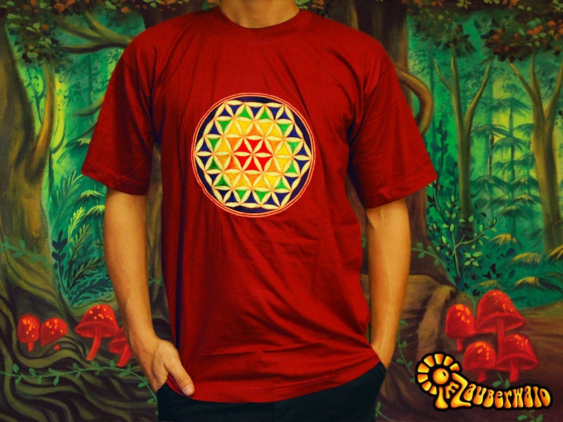 Rainbow Flower of Life T-Shirt - sacred healing geometry flower of life handmade embroidery no print