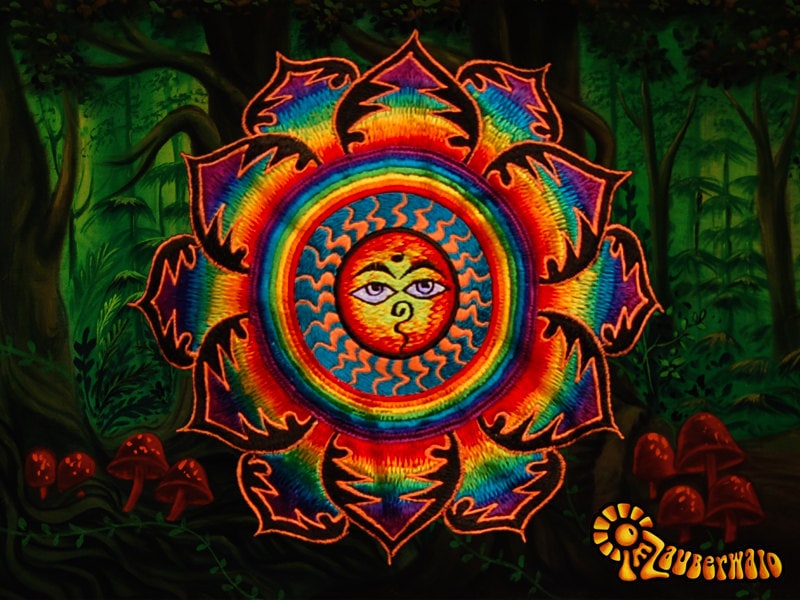 Rainbow Eyes of Buddha Sun T-Shirt - sacred healing geometry crop circle handmade embroidery no print