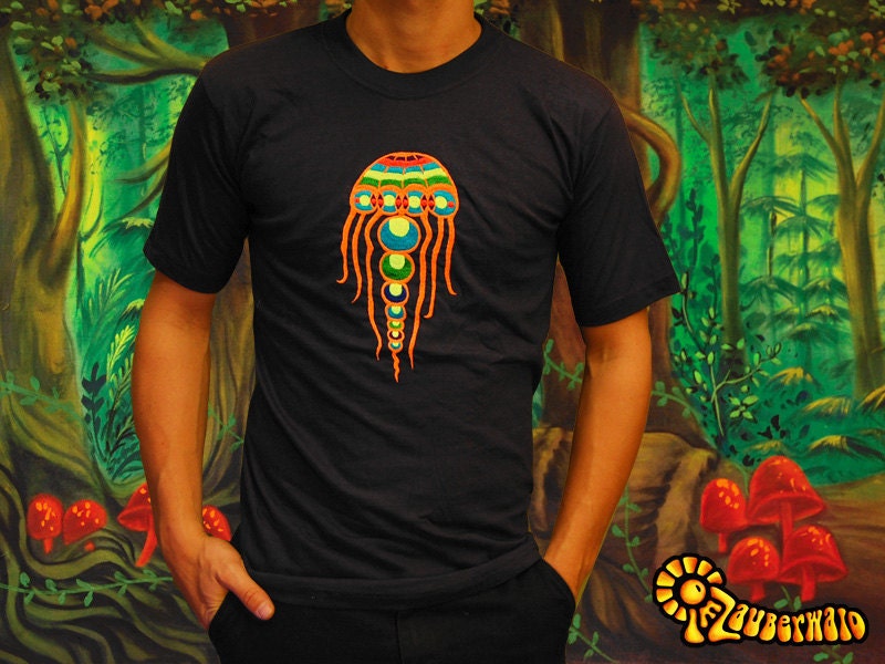 orange Yellyfish crop circle T-Shirt blacklight handmade embroidery no print goa t-shirt