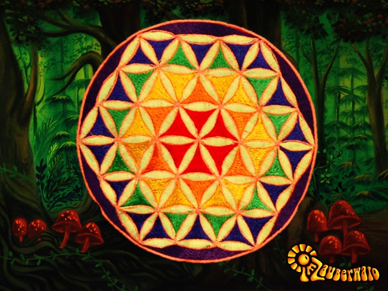 Rainbow Flower of Life T-Shirt - sacred healing geometry flower of life handmade embroidery no print