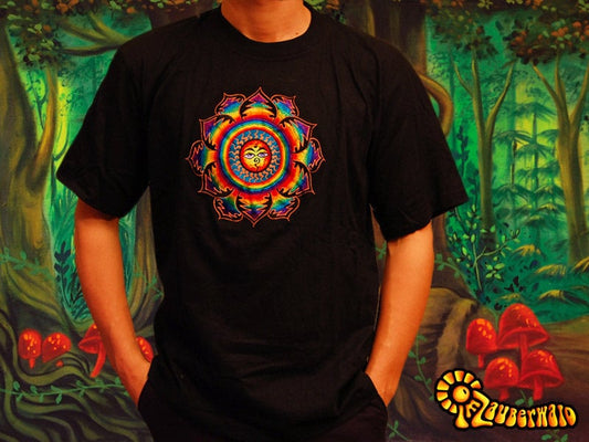 Rainbow Eyes of Buddha Sun T-Shirt - sacred healing geometry crop circle handmade embroidery no print