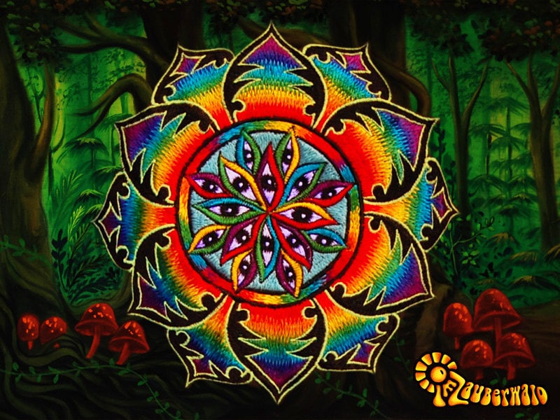 Expanded Consciousness T-Shirt - visonary mandala handmade embroidery no print LSD art many rainbow eyes psychedelic yantra