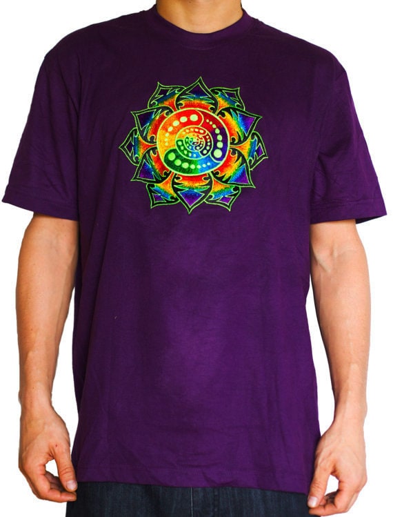 Attributes crop circle T-Shirt rainbow mandala blacklight handmade embroidery no print psy t-shirt