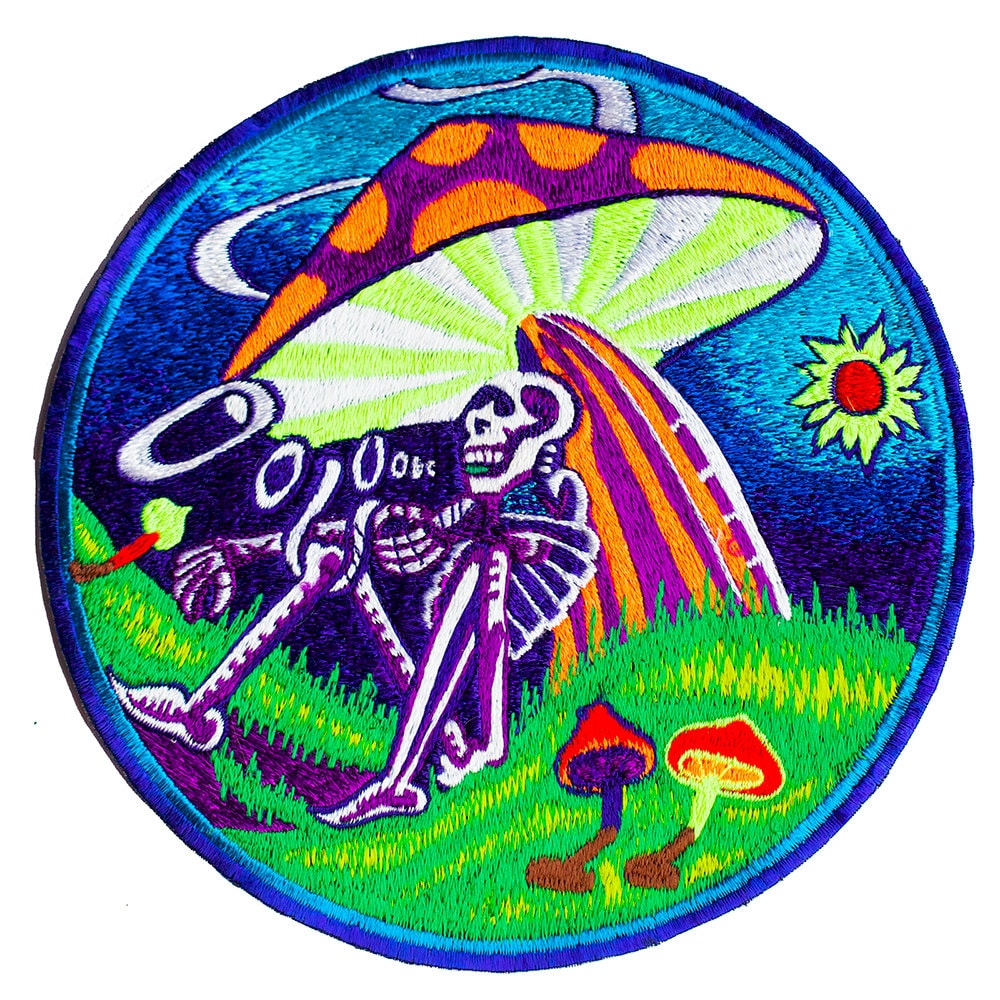 Mushroom Skeleton blacklight UV Patch psychedelic embroidery LSD skull magic mushrooms psilos psilocybin Grateful Spirit of the Dead