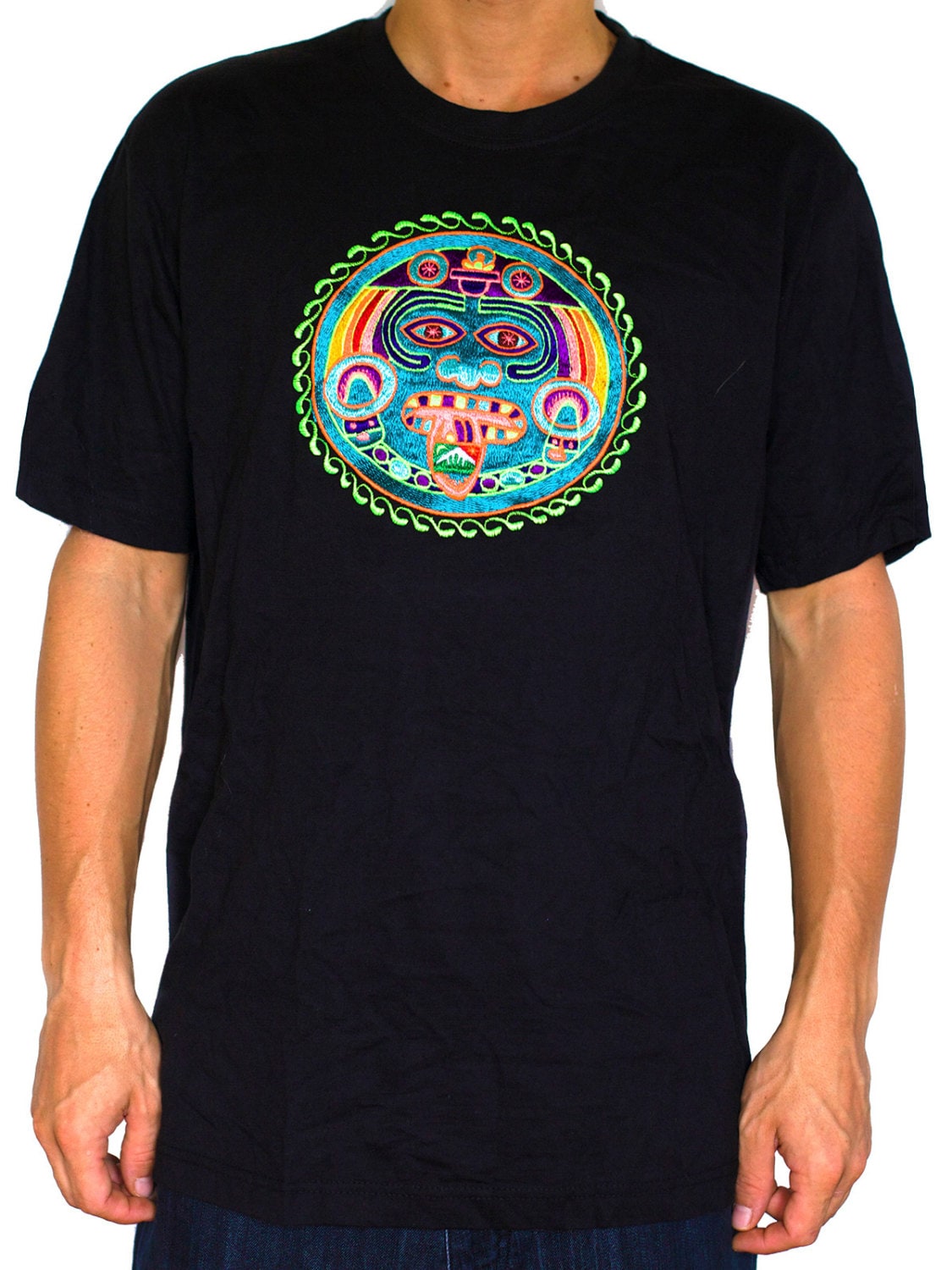 Maya Hofmann 2012 T-Shirt - zic zac ancient LSD calendar blacklight handmade embroidery no print goa t-shirt