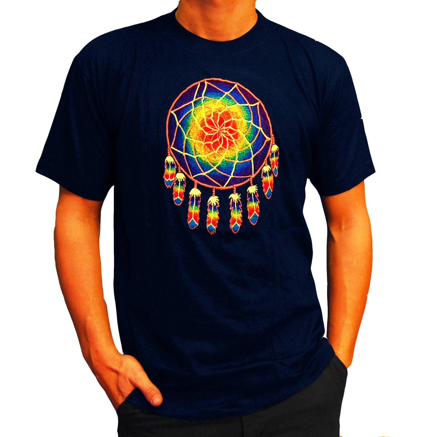Dreamcatcher T-Shirt blacklight aum buddhism rainbow embroidery no print goa t-shirt
