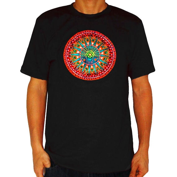 Peyote Mandala T-Shirt huichol tribal hikuri shaman design blacklight handmade embroidery no print