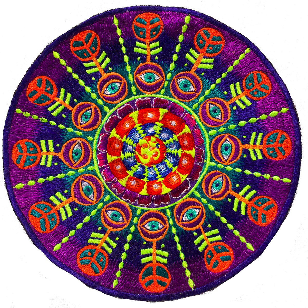 AUM Mandala Patch psychedelic eyes blacklight glowing embroidery