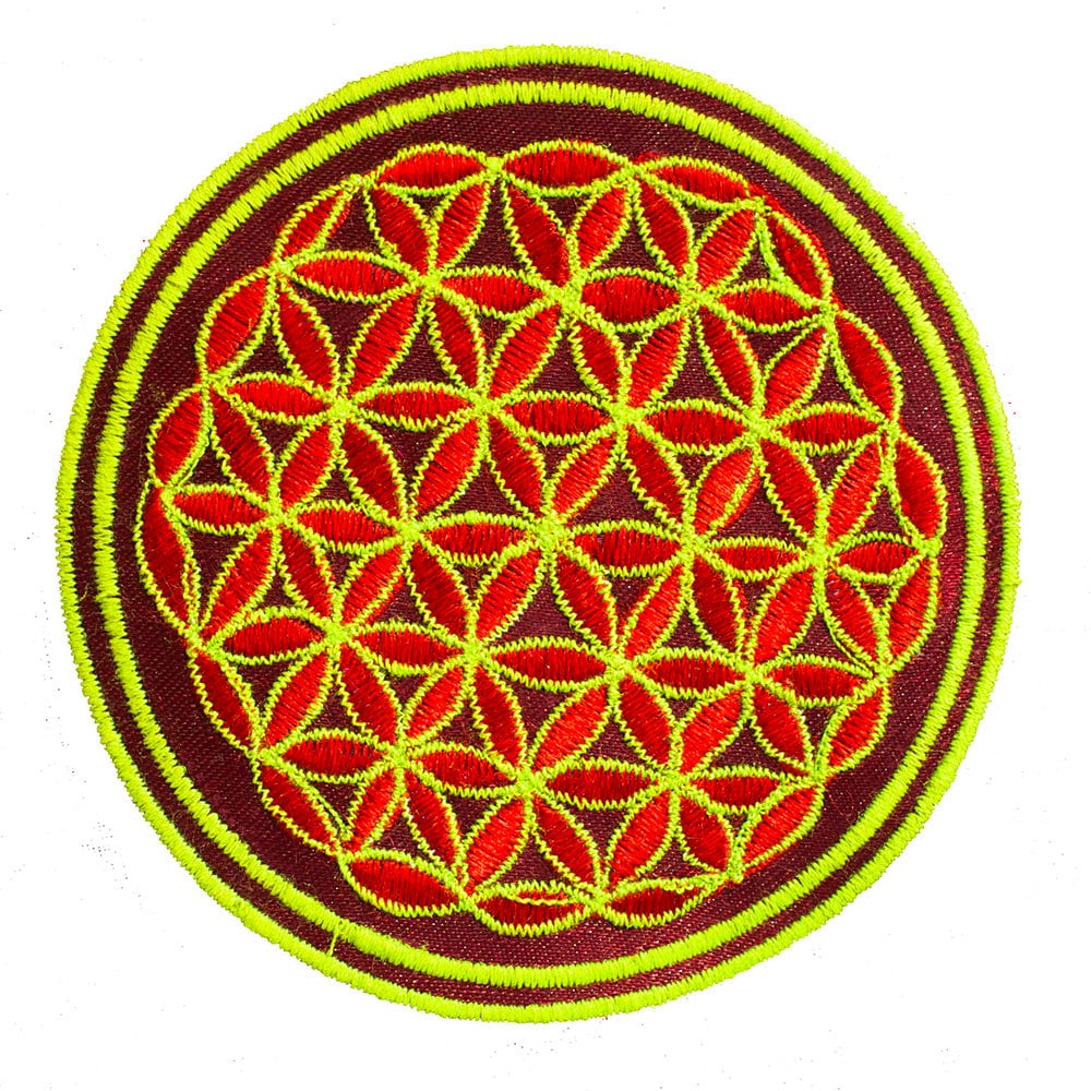 maroon UV orange flower of life patch small size embroidery application with variations - handcrafted sacred geometry