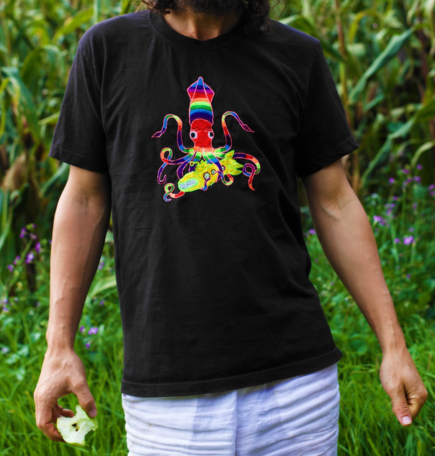 Yellow Submarine Squid T-Shirt - LSD blacklight glowing handmade embroidery flower of life on backside psychedelic rainbow Timothy Leary art