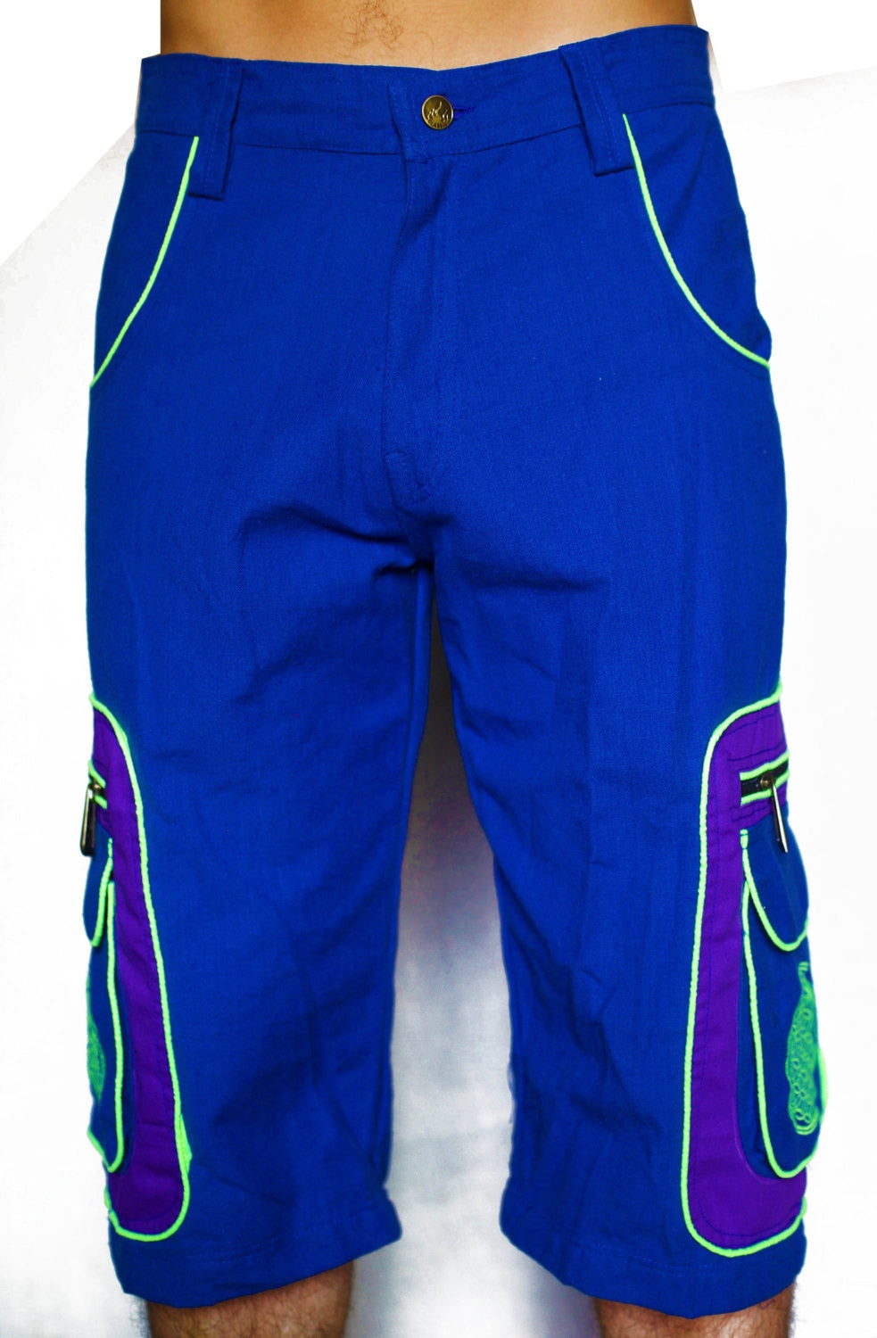Design your psy pant - 8 pockets, 4 with hock&loop, 2 with zip lock - any colour and size blacklight active lines flower of life clamdiggers