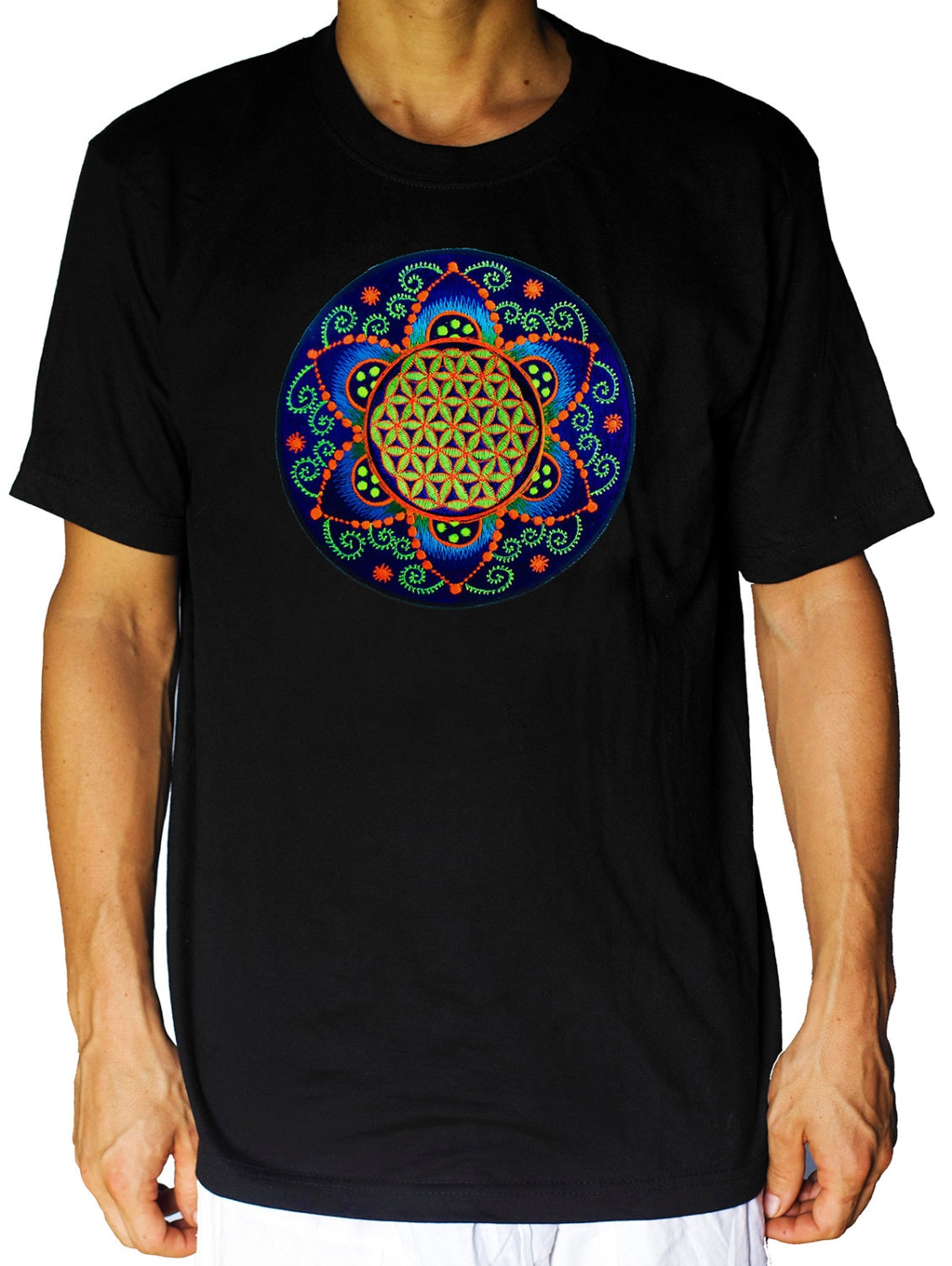Fractal Flower of Life T-Shirt - sacred healing geometry flower of life handmade embroidery no print crop circle torino italy psychedelic