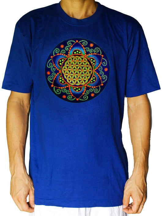 Fractal Flower of Life T-Shirt - sacred healing geometry flower of life handmade embroidery no print crop circle torino italy psychedelic