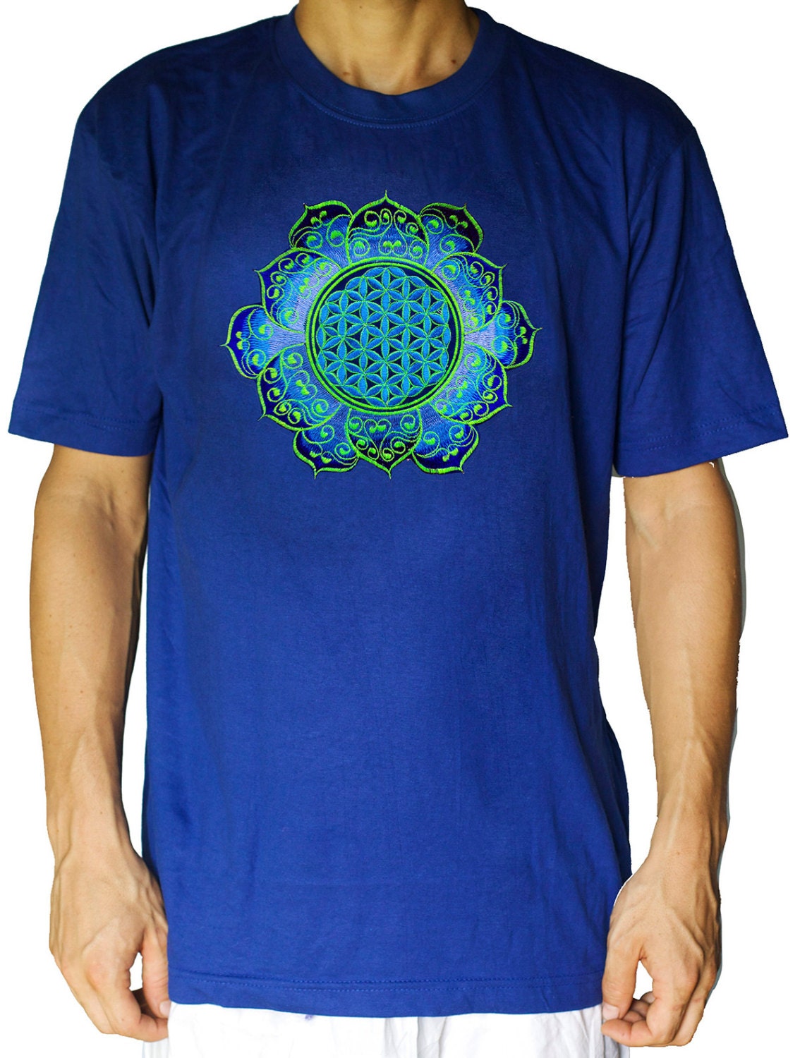 Blue Flower of Life T-Shirt celtic mandala  - sacred geometry embroidery no print drunvalo melchizedek handmade - choose any colour and size