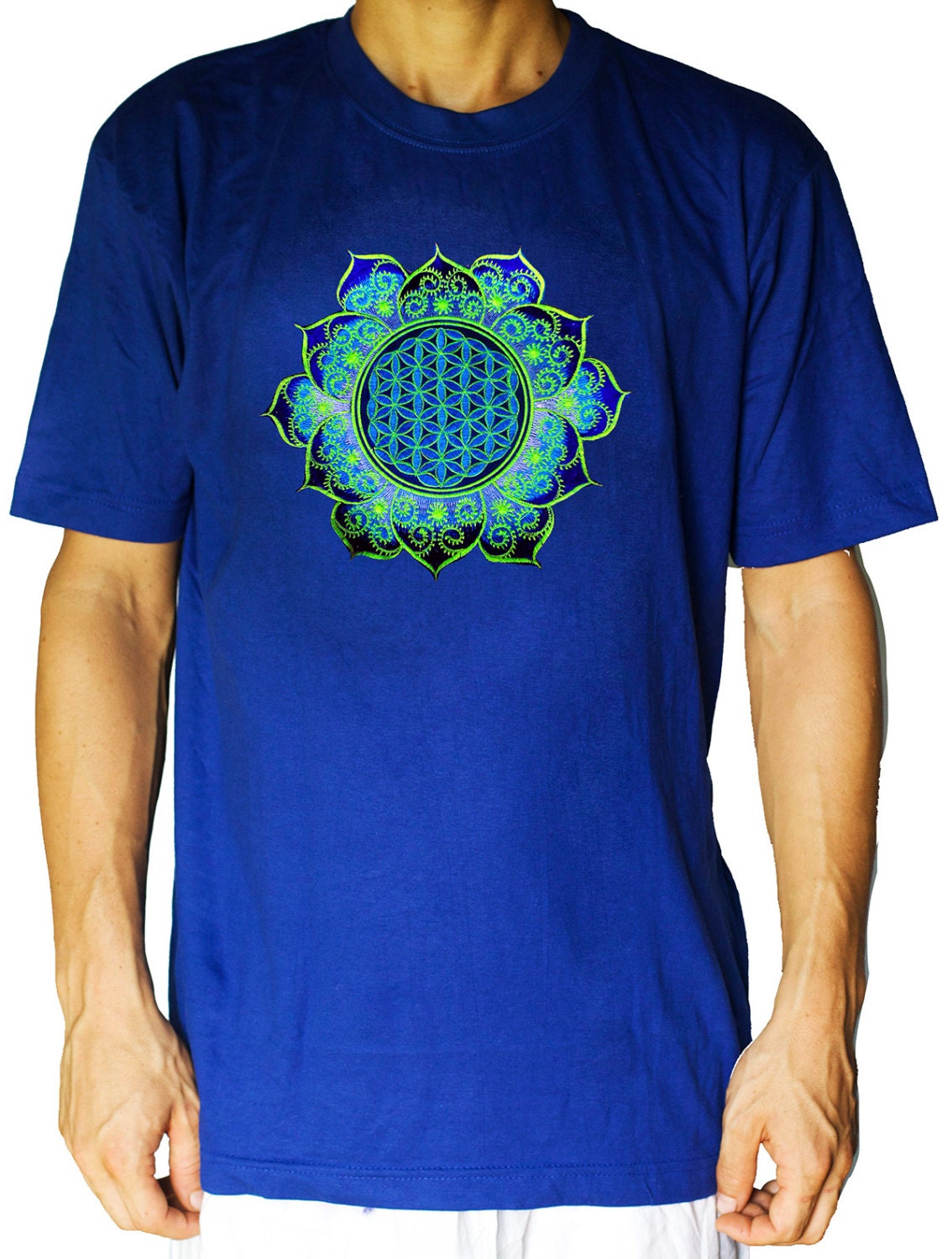 Blue Flower of Life fractal mandala shirt - sacred geometry embroidery no print drunvalo melchizedek handmade - choose any colour and size