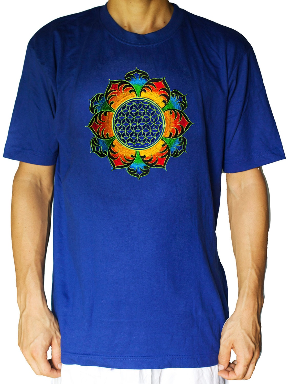 Flower of Life mandala shirt - rainbow sacred geometry embroidery no print divine healing yantra handmade - choose any colour and size