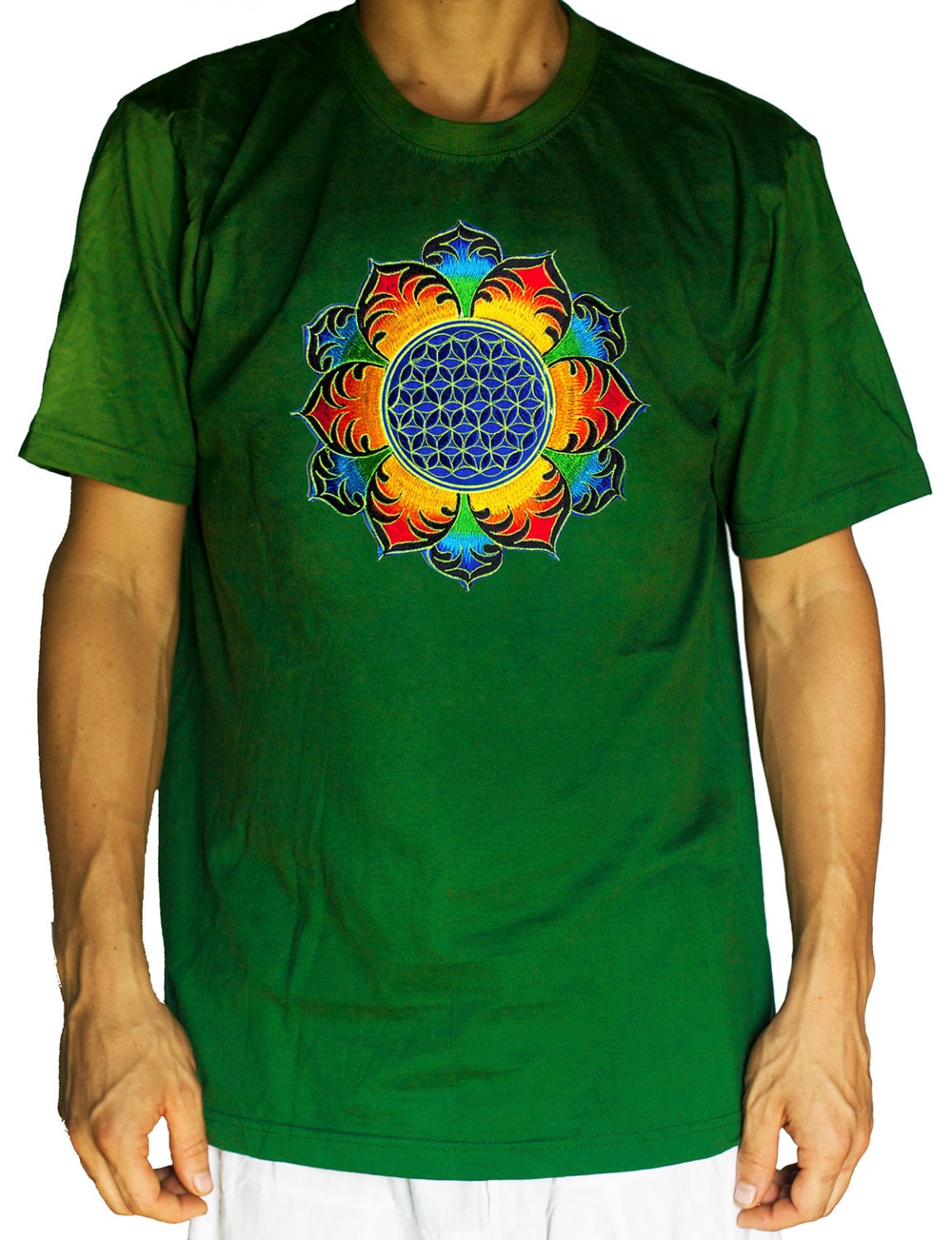 Flower of Life mandala shirt - rainbow sacred geometry embroidery no print divine healing yantra handmade - choose any colour and size