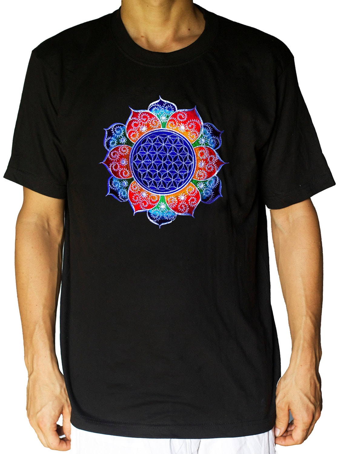 Flower of Life shirt rainbow fractal white - sacred geometry embroidery no print drunvalo melchizedek handmade - choose any colour and size
