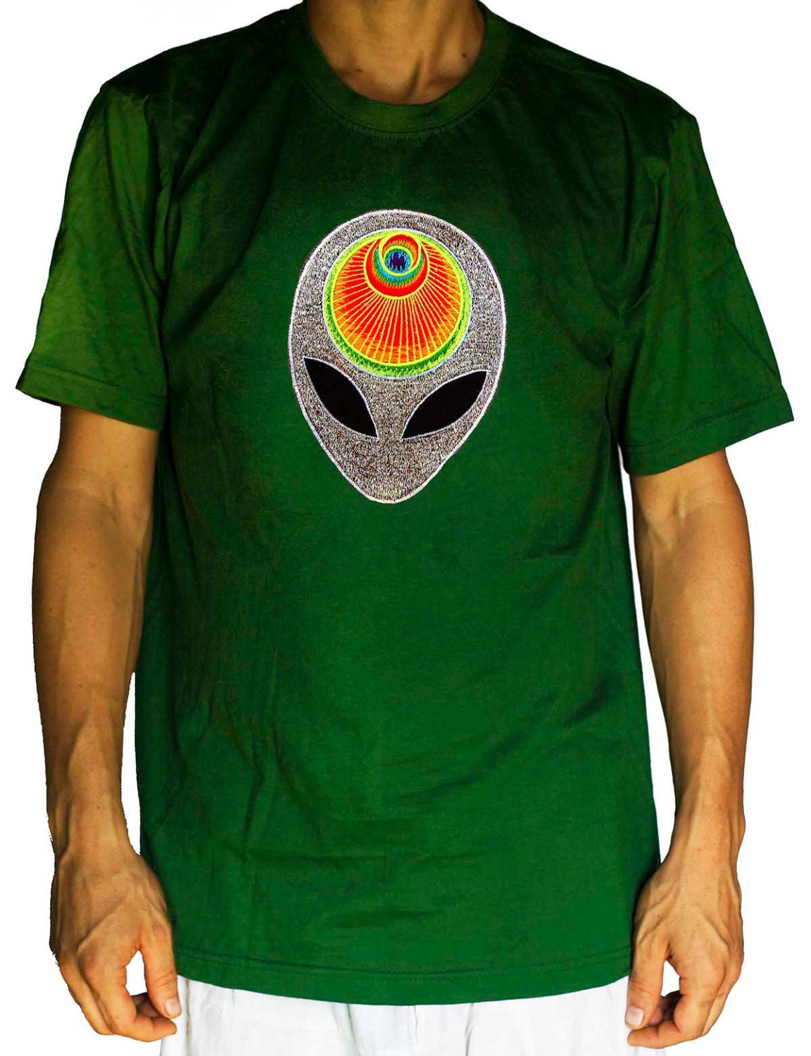 The Alien Angel crop circle T-Shirt rainbow mandala blacklight handmade embroidery no print goa t-shirt