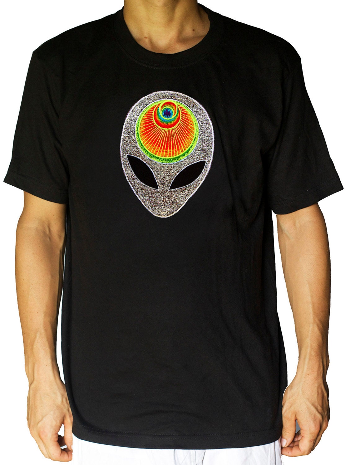 The Alien Angel crop circle T-Shirt rainbow mandala blacklight handmade embroidery no print goa t-shirt