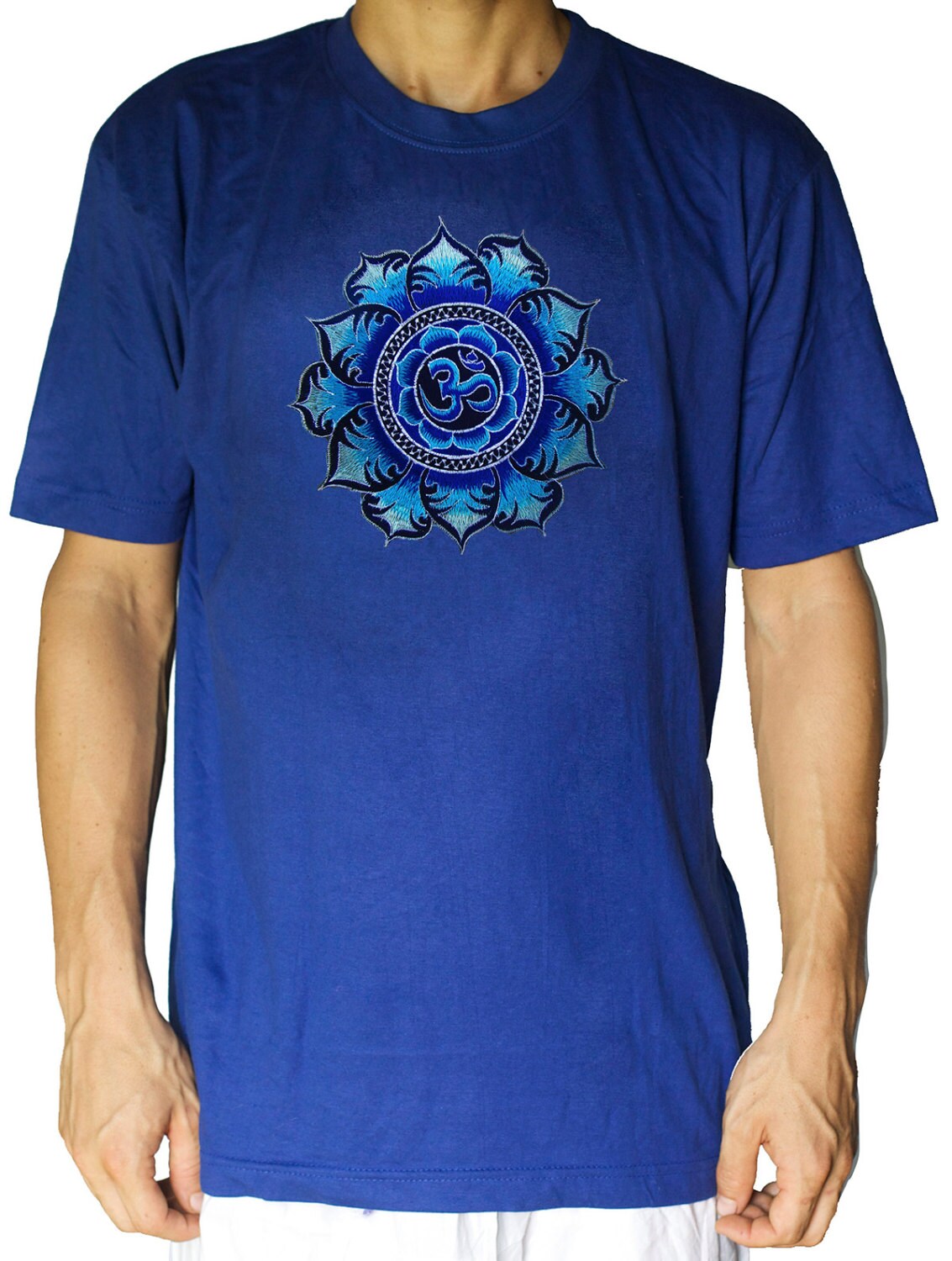 Blue AUM T-Shirt blacklight handmade embroidery no print OM yantra goa t-shirt