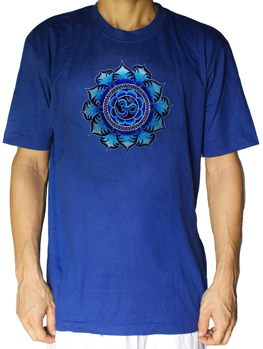 Blue AUM T-Shirt blacklight handmade embroidery no print OM yantra goa t-shirt