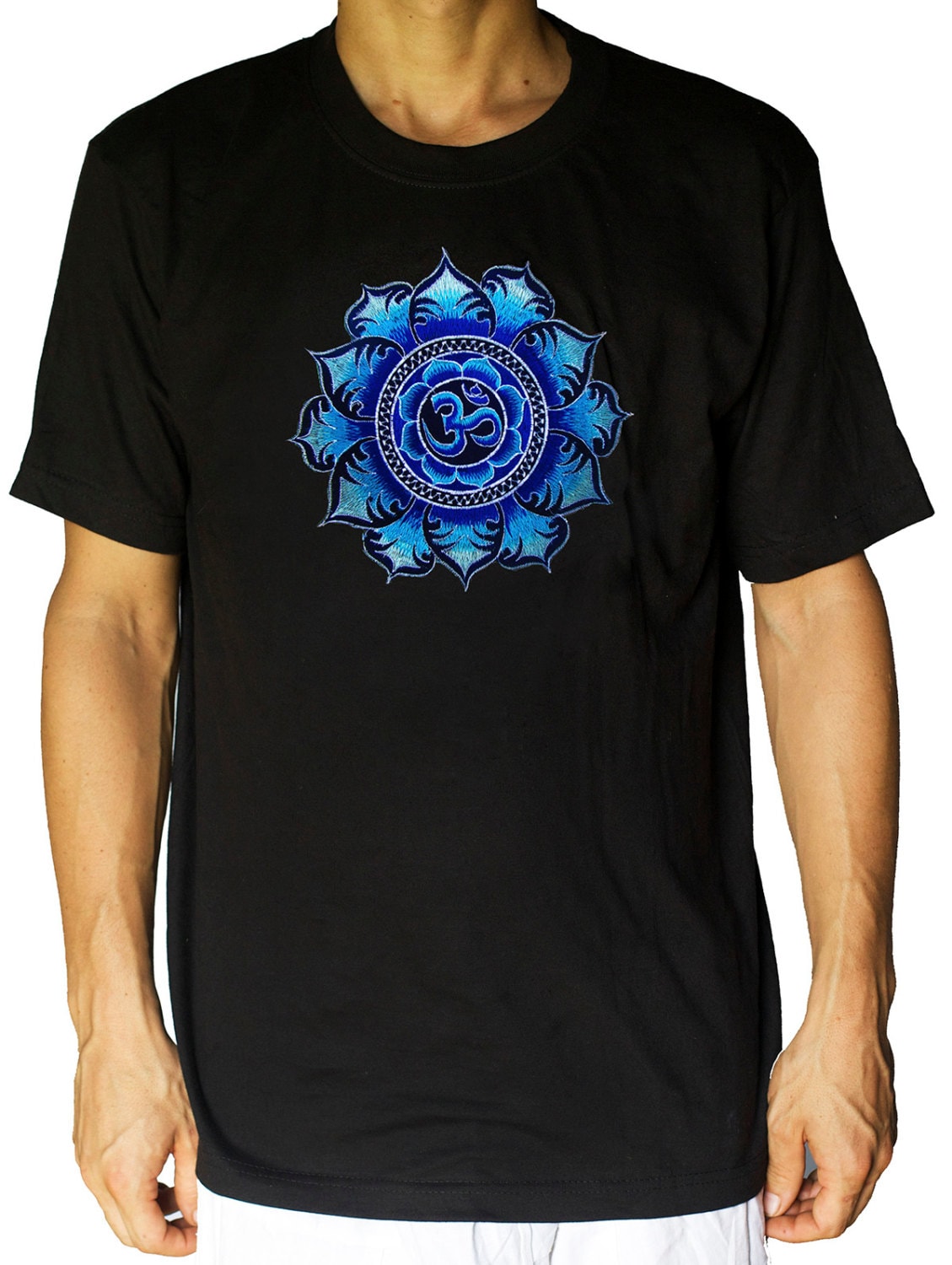 Blue AUM T-Shirt blacklight handmade embroidery no print OM yantra goa t-shirt