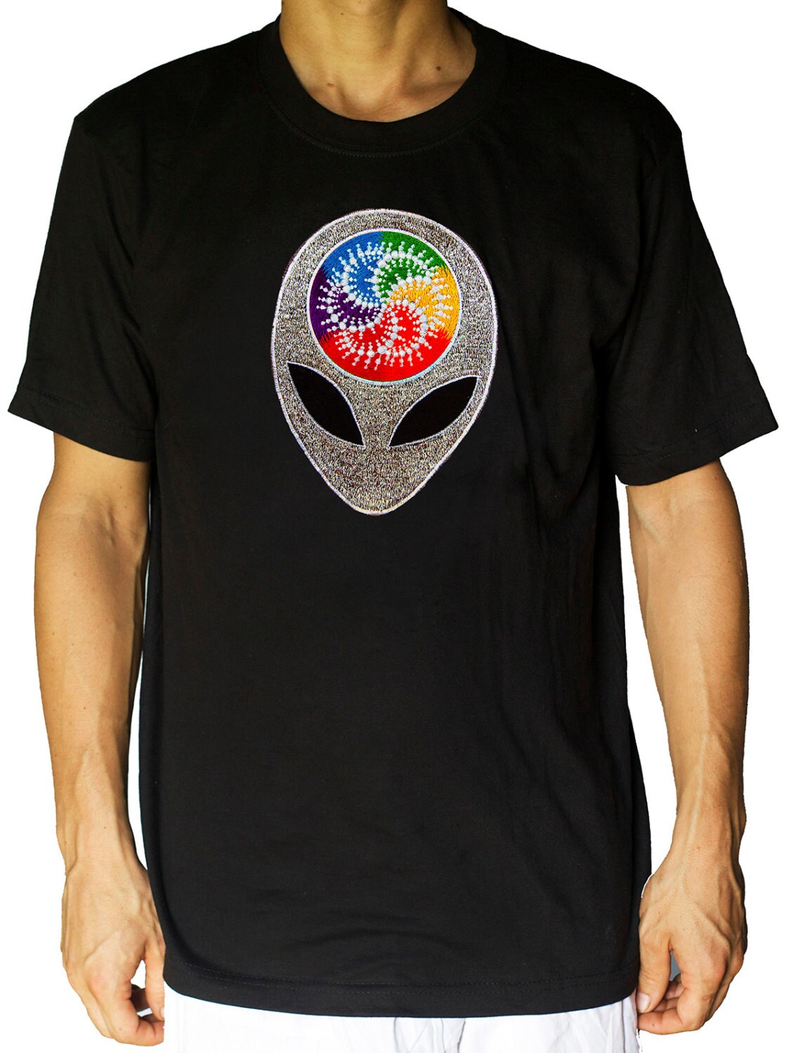 Alien Milk Hill crop circle T-Shirt rainbow mandala blacklight handmade embroidery no print goa t-shirt
