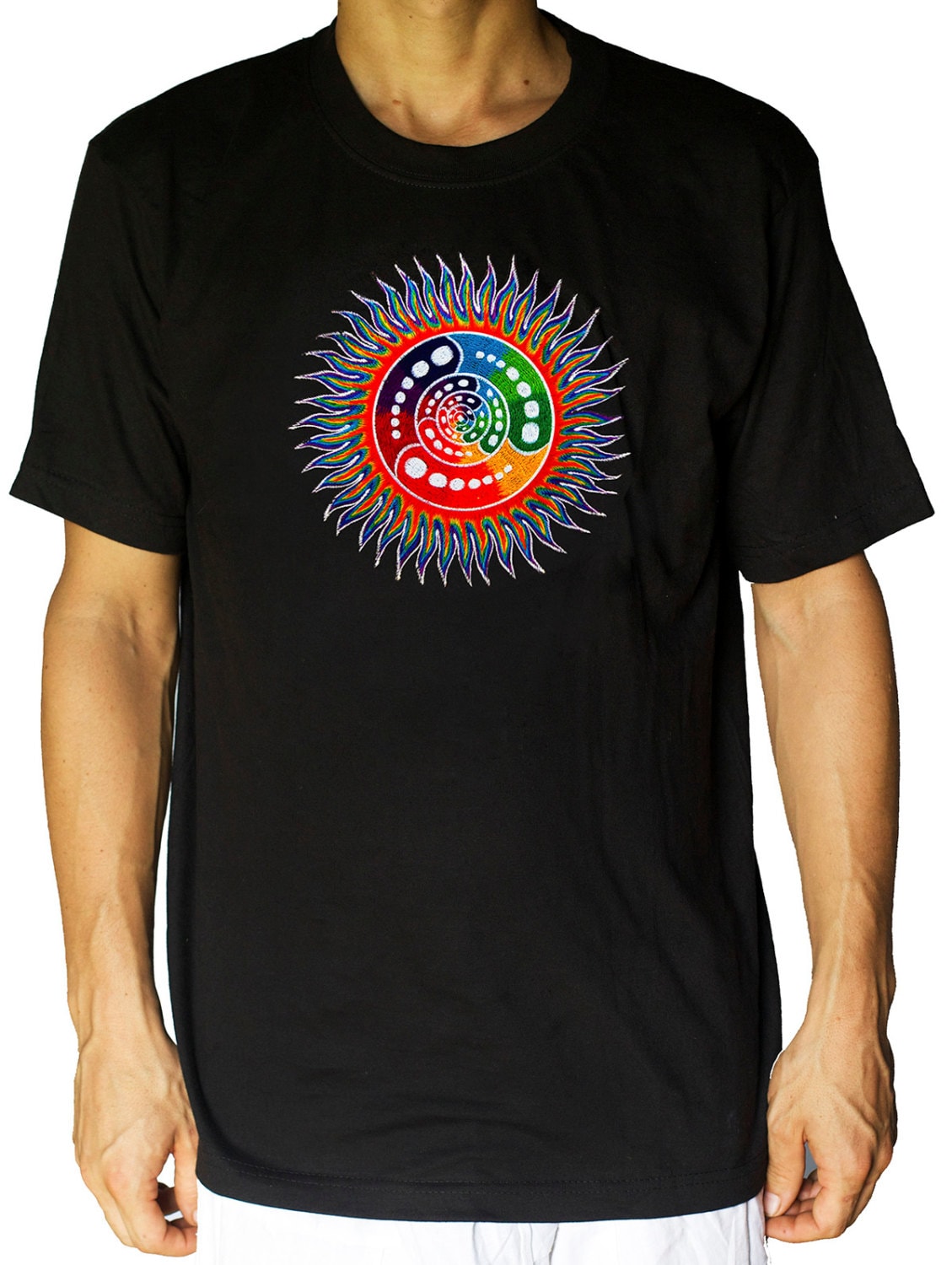 Attributes cropcircle Shirt rainbow fractal mandala blacklight handmade embroidery no print goa t-shirt