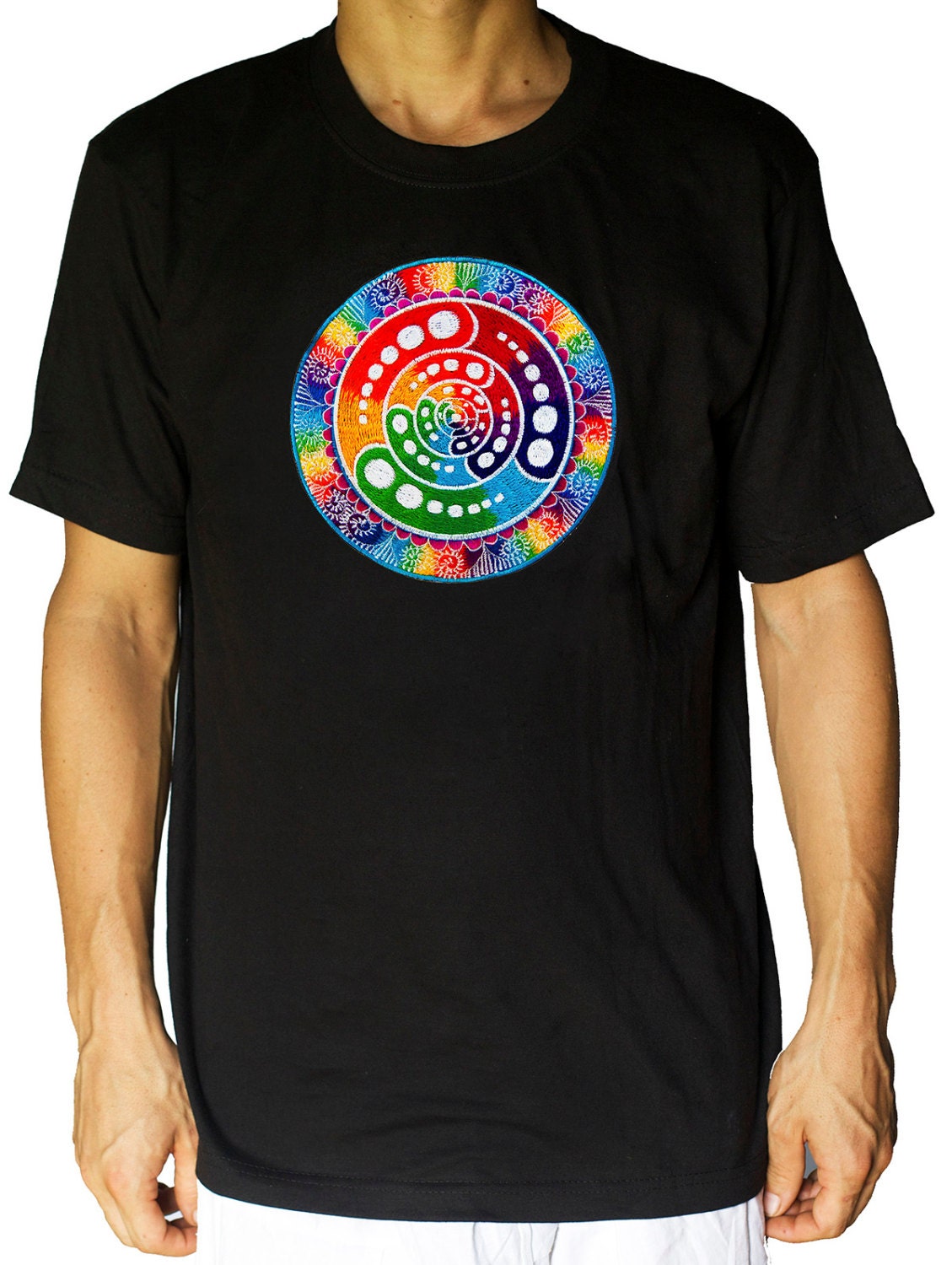 Attributes Shirt rainbow fractal mandala blacklight handmade embroidery no print goa t-shirt