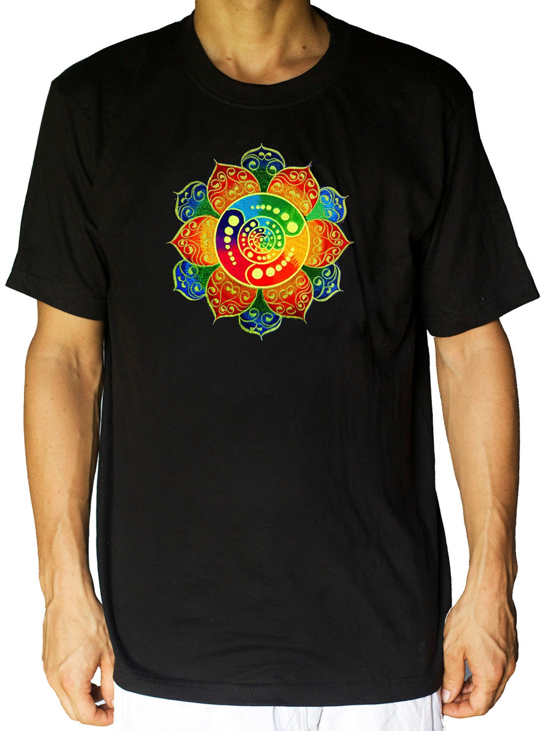 crop circle mandala Shirt "Attributes" rainbow celtic blacklight handmade embroidery no print goa t-shirt