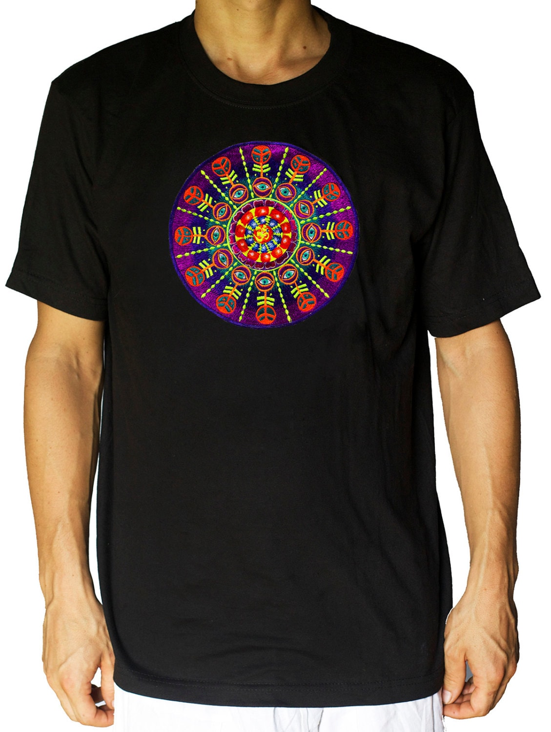 AUM consciousness T-Shirt blacklight handmade embroidery no print OM yantra goa t-shirt