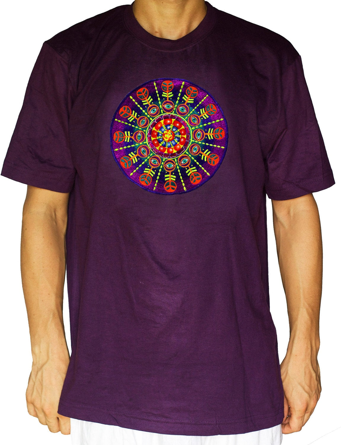 AUM consciousness T-Shirt blacklight handmade embroidery no print OM yantra goa t-shirt