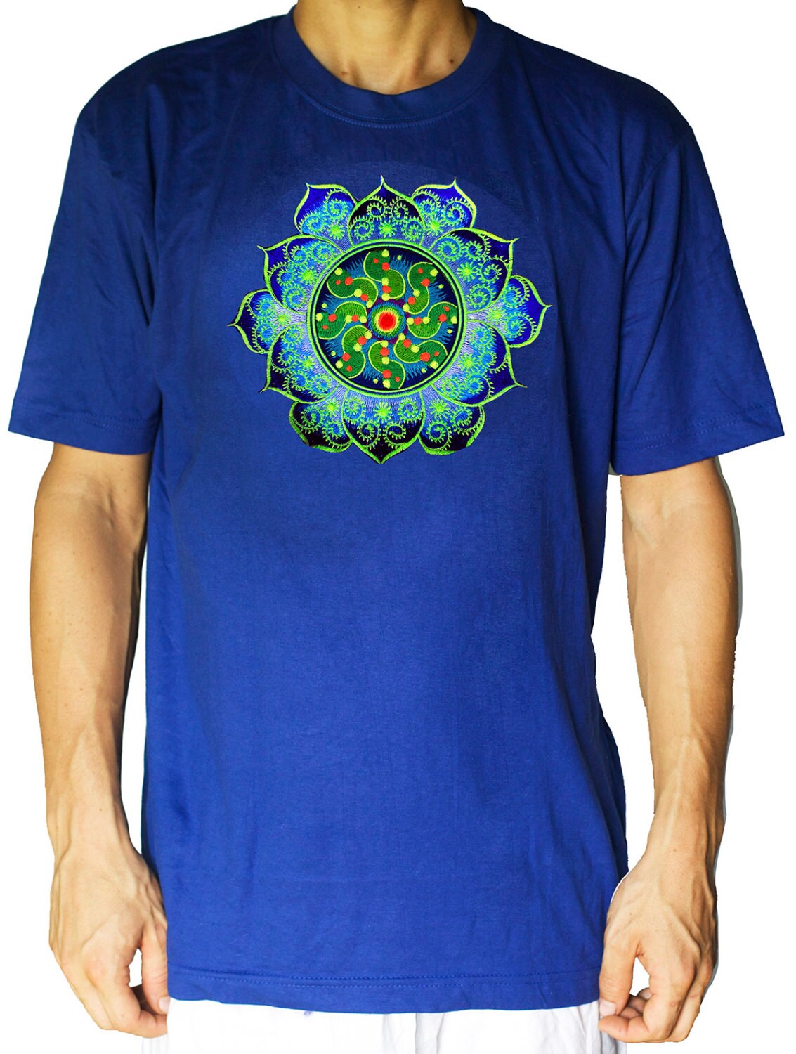 Tidcombe fractal T-Shirt crop circle rainbow mandala blacklight handmade embroidery no print goa t-shirt