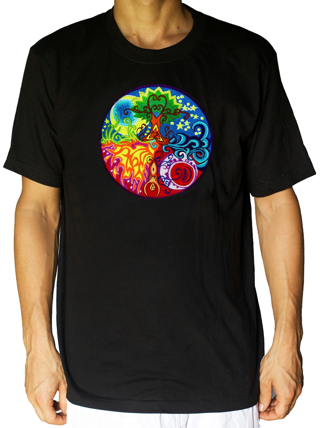 Gaia T-Shirt - planet earth fire air water embroidery no print handmade - choose any colour and size