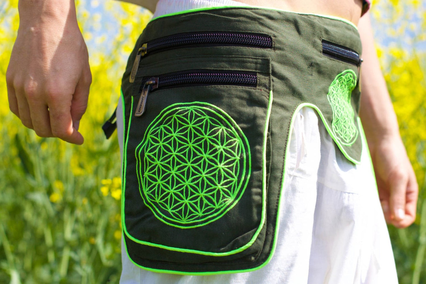 Beltbag green Flower of Life- 7 pockets strong ziplocks size adjustable with hook & loop and clip - blacklight active holy geometry