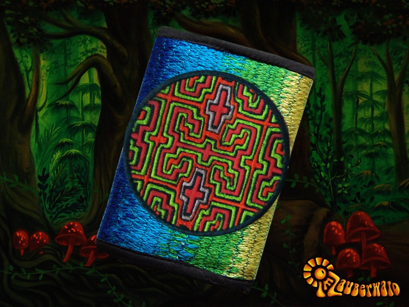 4 variations of ayahuasca moneypockets - pocket for coins and cards and 2 for papermoney with hook & loop - blacklight active DMT wallet