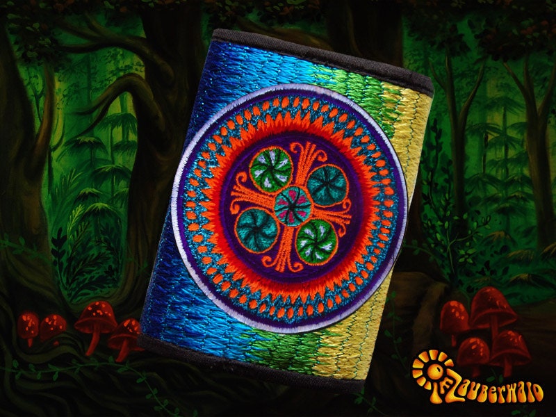 4 variations of huichol peyote moneypockets - pocket for coins and cards and 2 for papermoney with hook & loop - blacklight active wallet