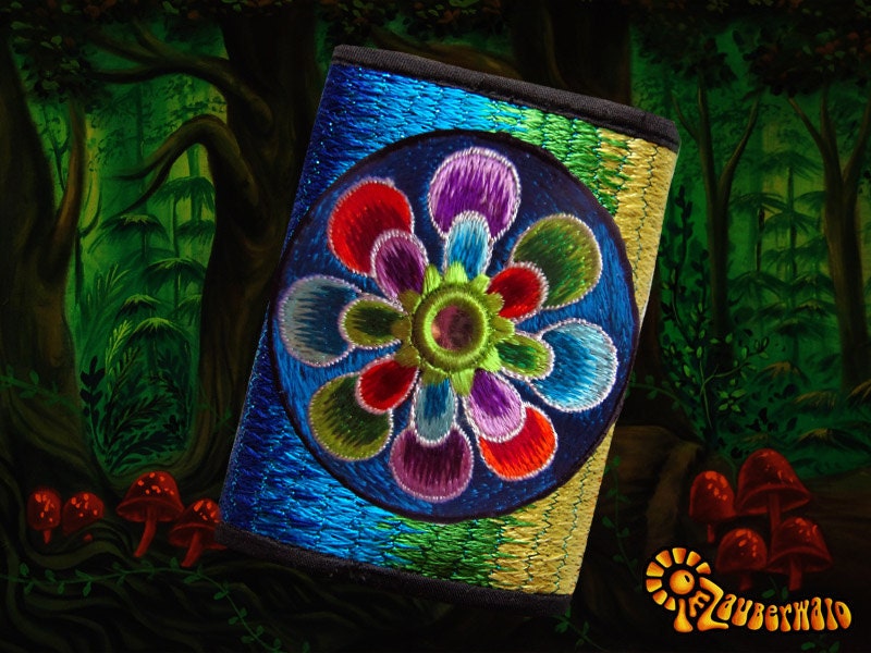 4 variations of mirror flower moneypockets - pocket for coins and cards and 2 for papermoney with hook & loop - blacklight active wallet