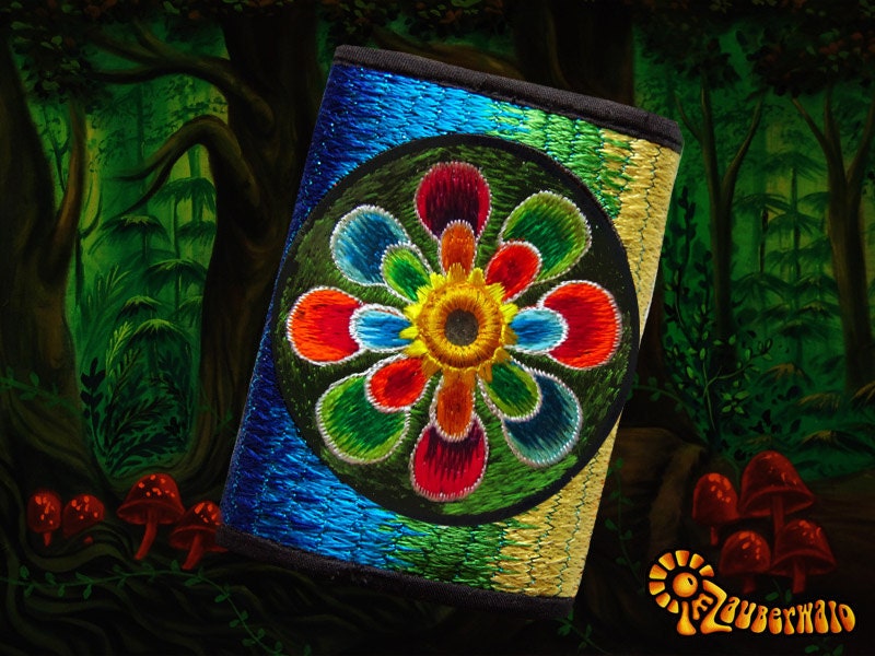 4 variations of mirror flower moneypockets - pocket for coins and cards and 2 for papermoney with hook & loop - blacklight active wallet